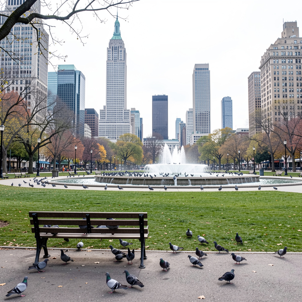 A city park with a park bench and pigeons in the foreground,