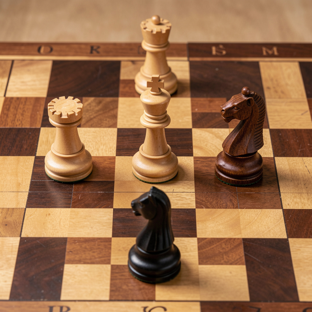 Five chess pieces on a board: a king in the center, a queen 