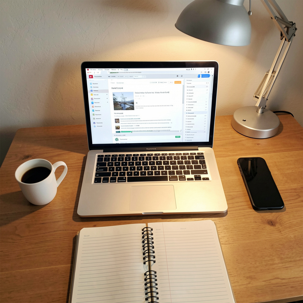 A desk scene: laptop in the center, coffee mug to the left, 