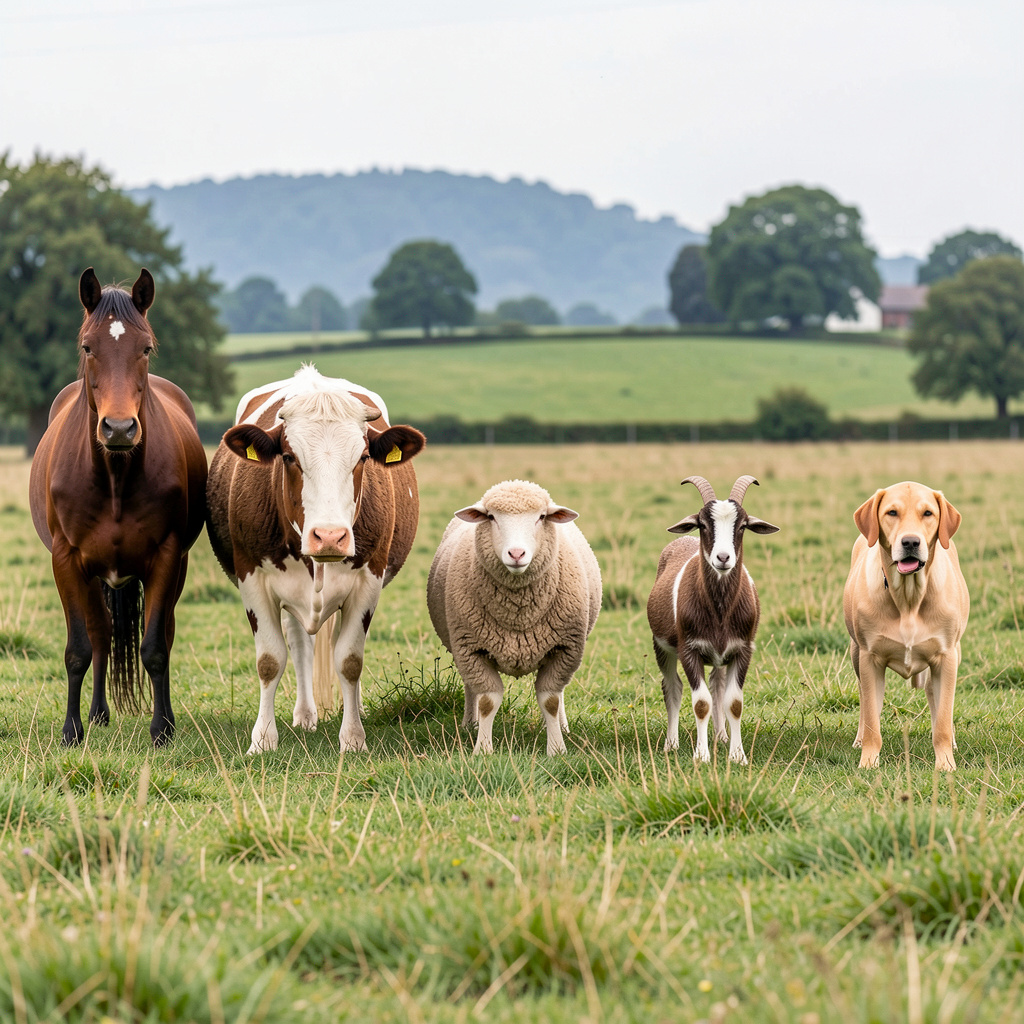 Five animals in a field: a horse on the far left, a cow to t
