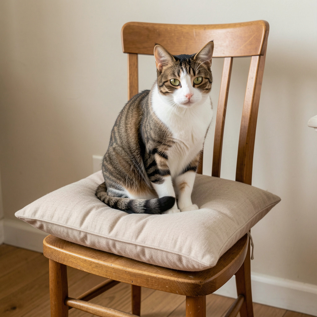 A cat sitting on a pillow, the pillow placed on a wooden cha