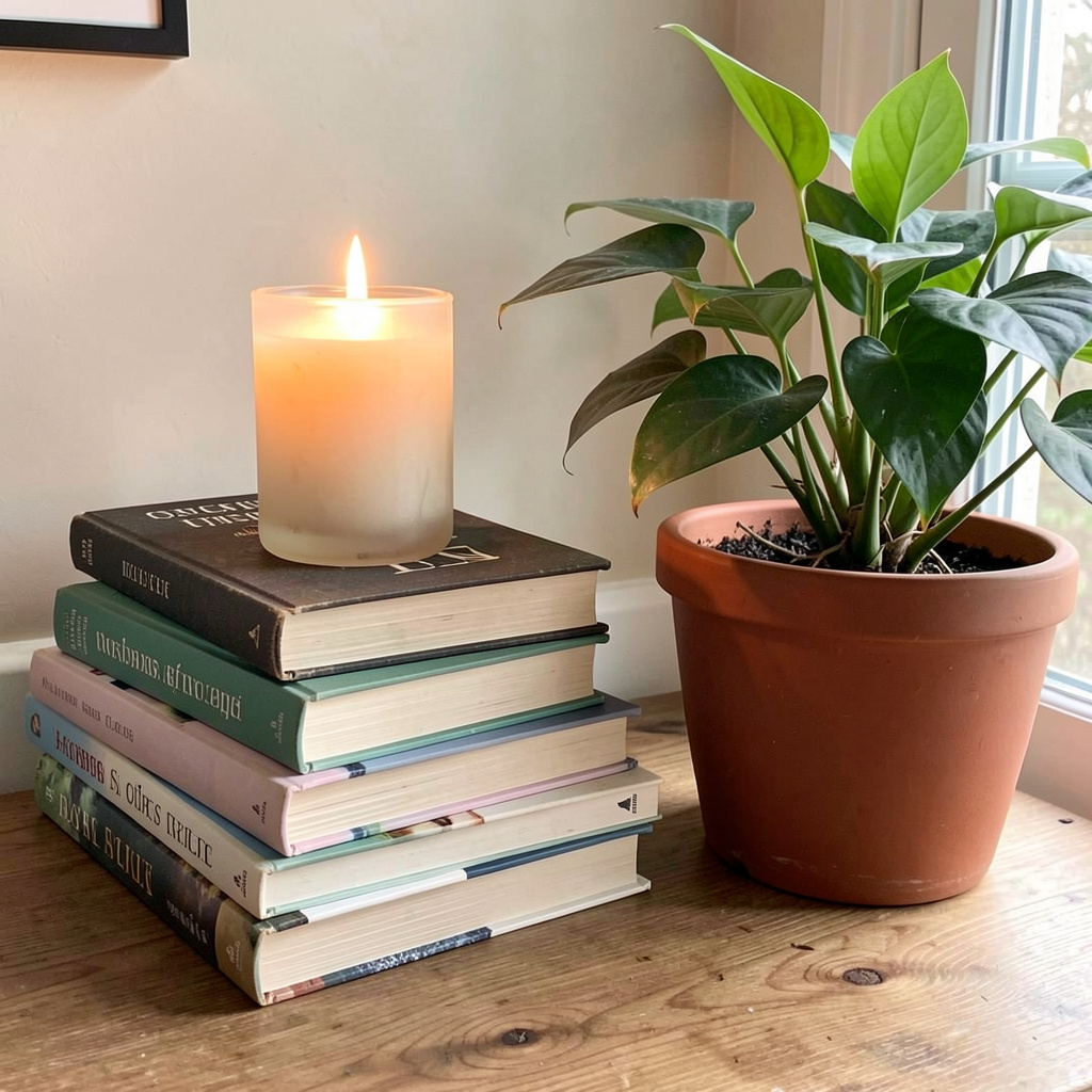 A candle on top of a stack of books, the books next to a pot