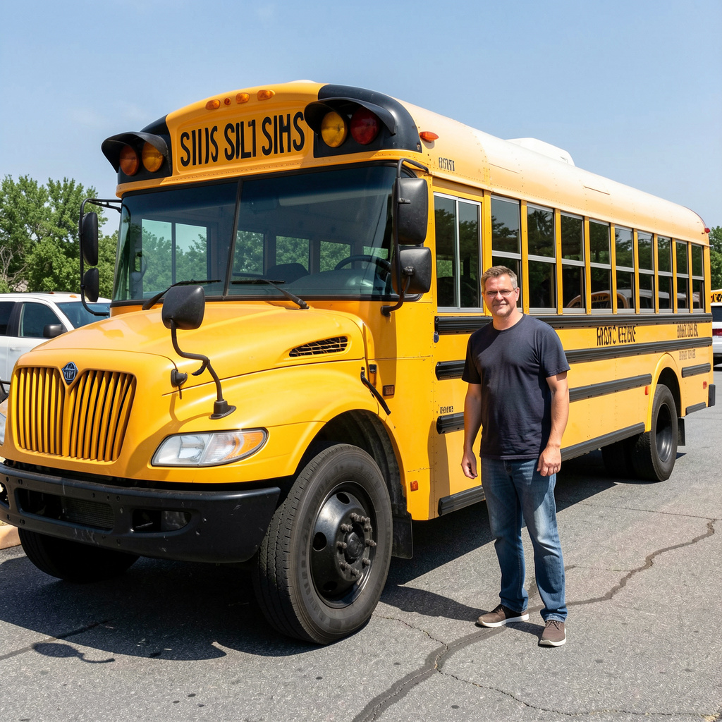 A person standing next to a yellow school bus, showing reali