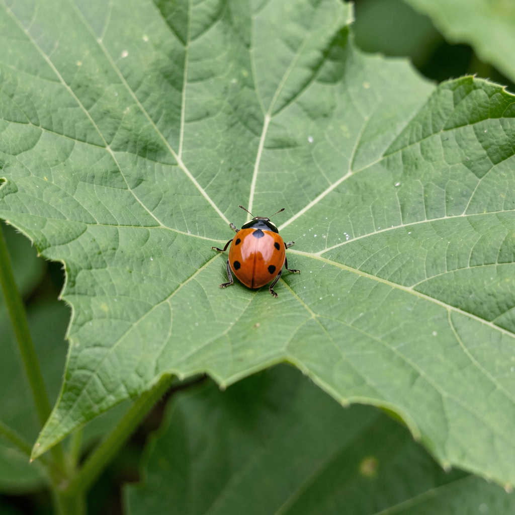 A ladybug sitting on a large green leaf, shown at realistic 