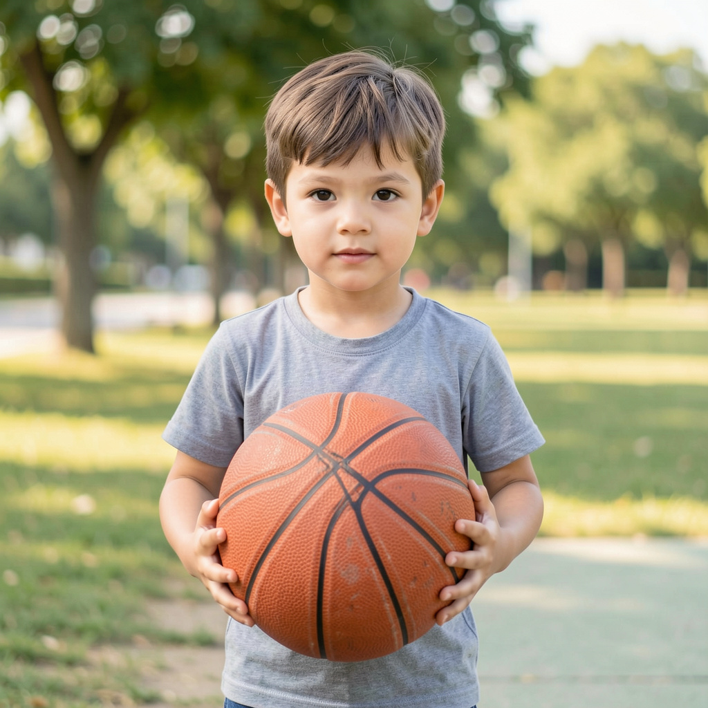 A child holding a basketball, both at correct relative sizes