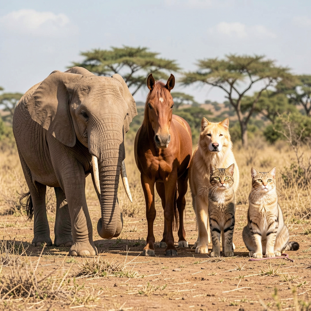 A group photo of an elephant, a horse, a dog, a cat, and a m