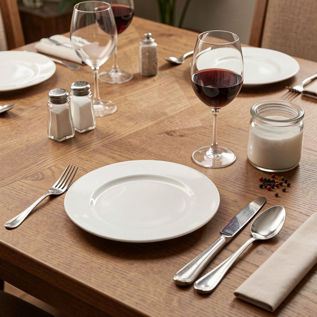 A dinner table scene with a plate, fork, knife, wine glass, 