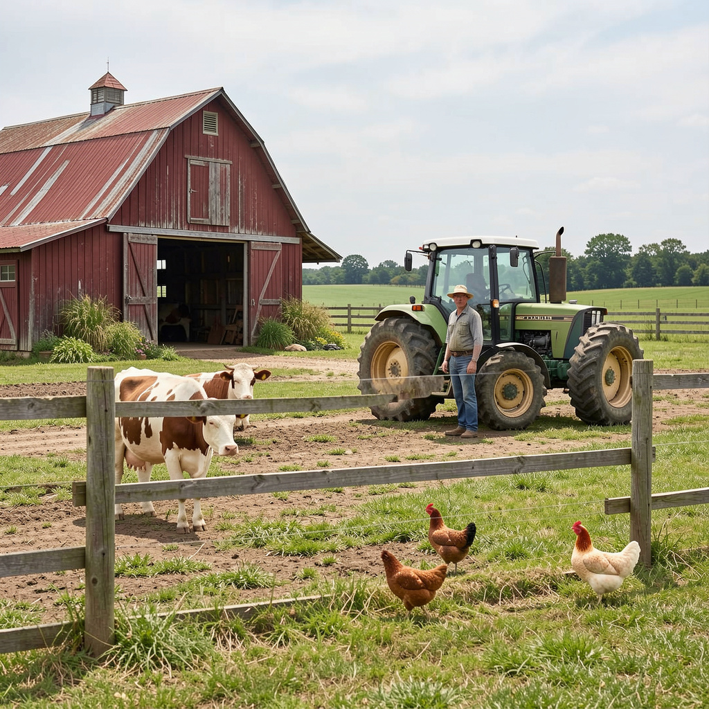 A farm scene with a barn, tractor, farmer, cow, chicken, and