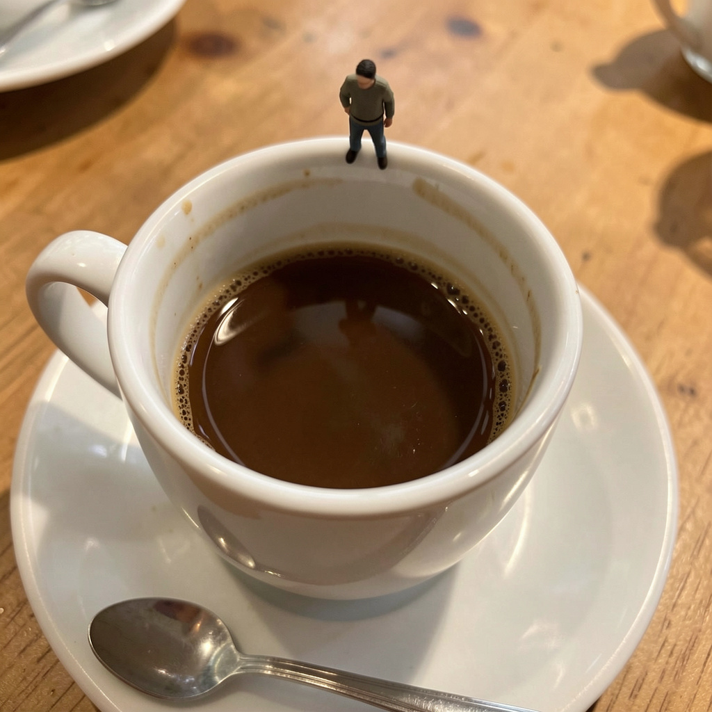 A tiny person standing on the rim of a coffee cup, looking d