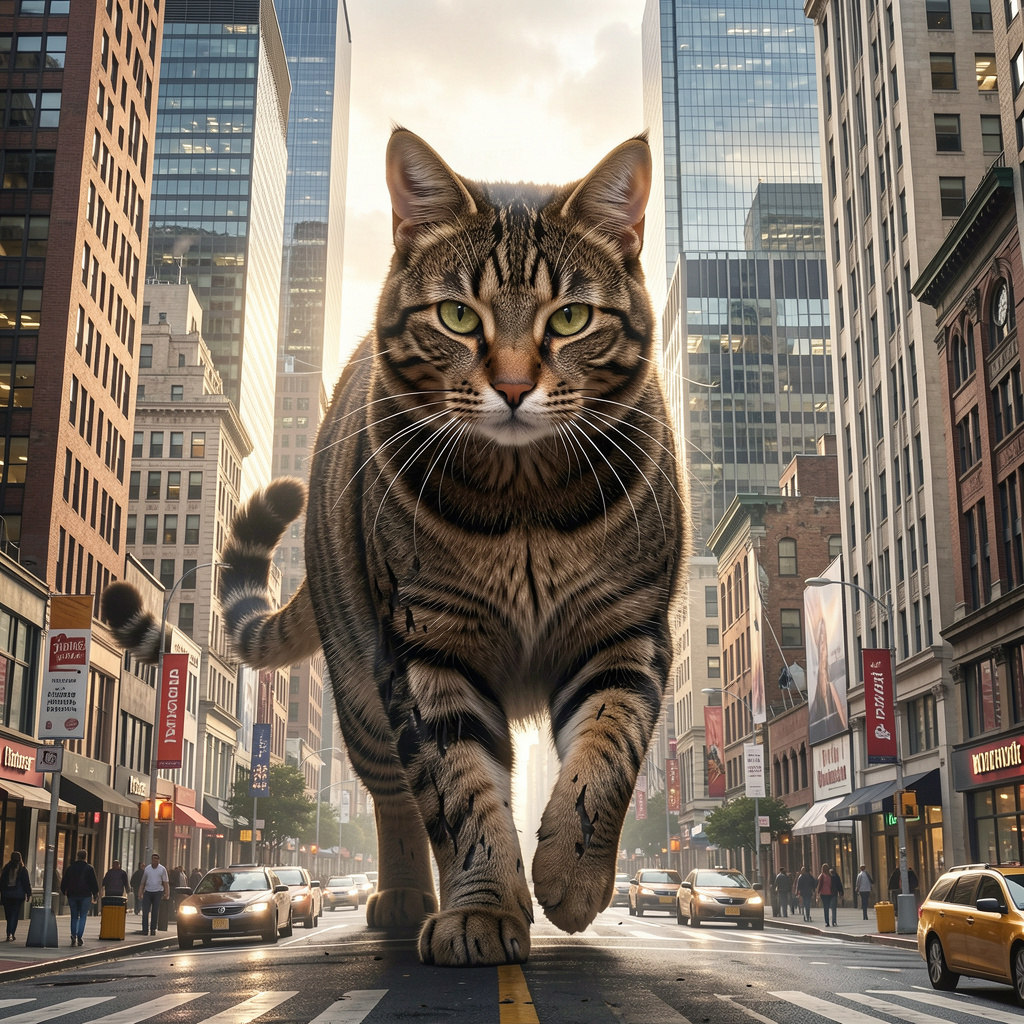 A giant tabby cat walking between city skyscrapers like a ka