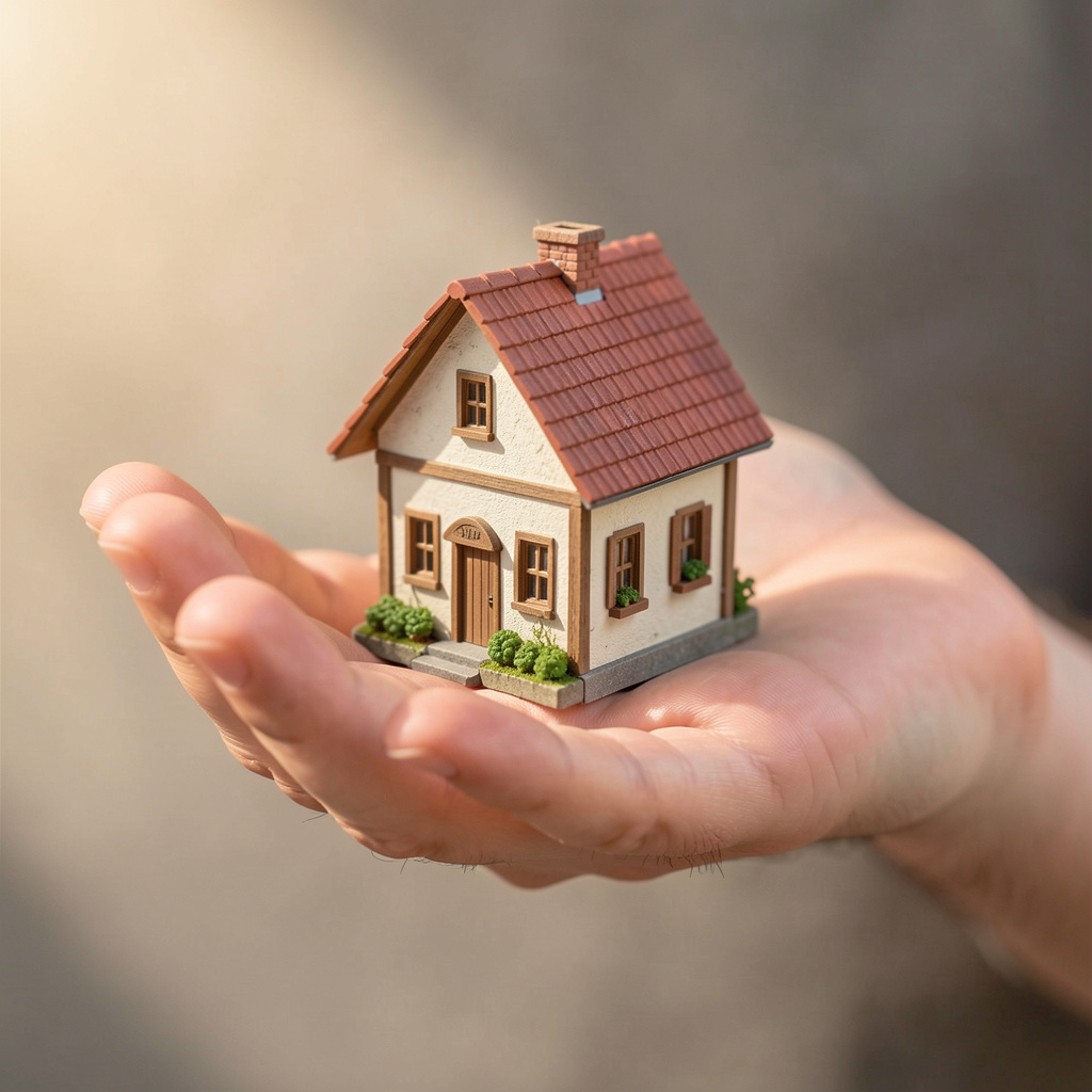 A miniature house sitting on the palm of someone's hand