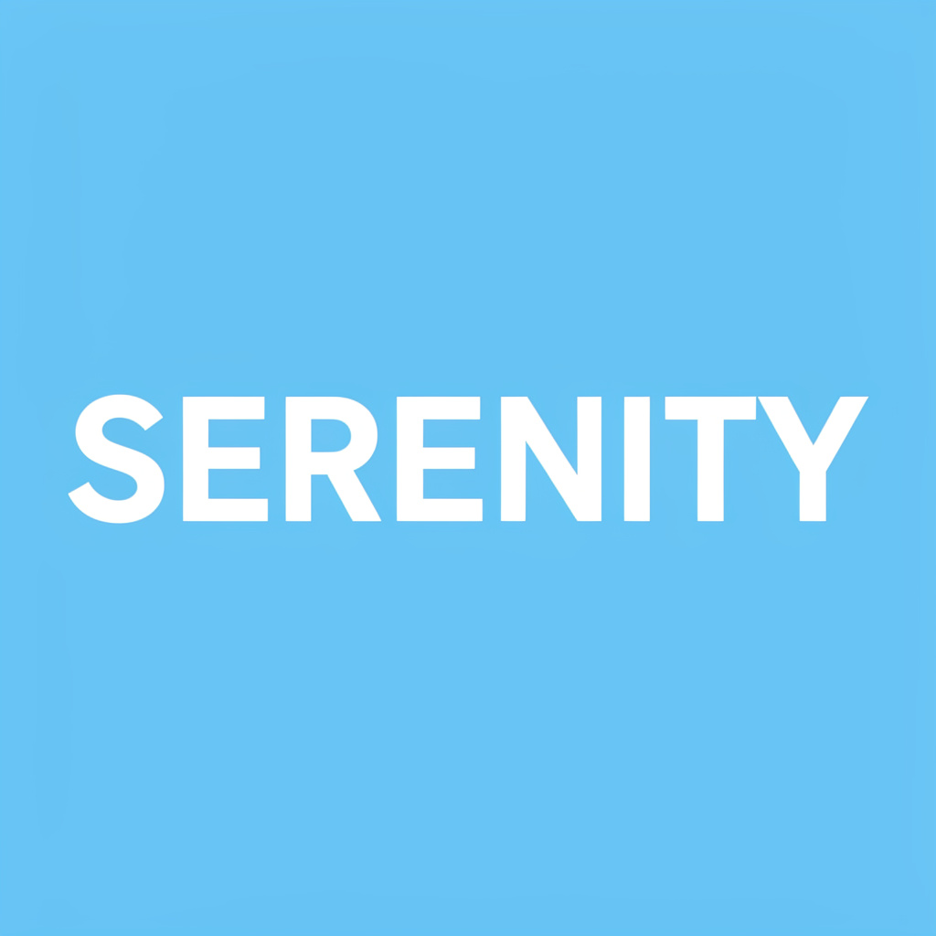 The word 'SERENITY' written large and centered on a solid li