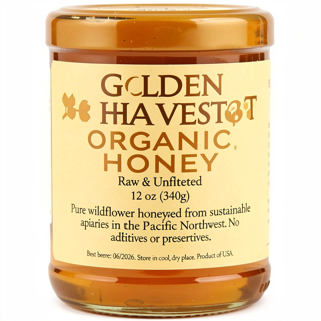 A product label for 'GOLDEN HARVEST ORGANIC HONEY' with subt
