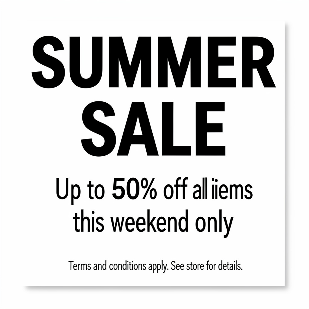 A poster with headline 'SUMMER SALE' in large bold text, bod