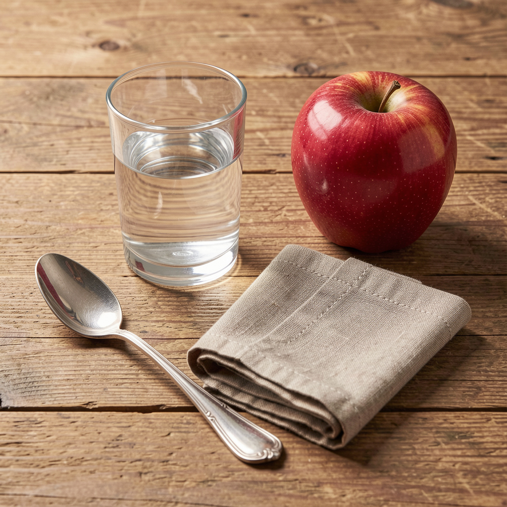 A still life on a wooden table featuring a clear glass of wa