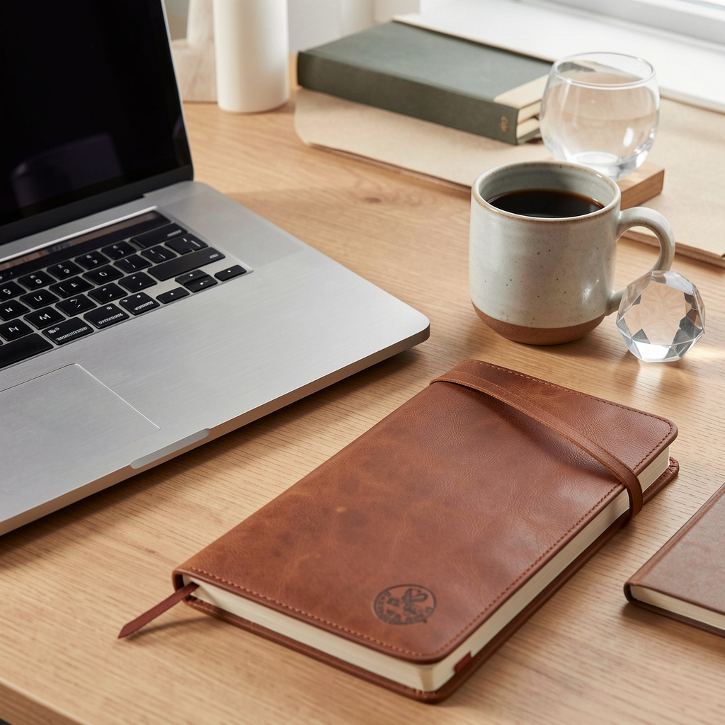 A workspace desk with a brushed aluminum laptop, a leather-b