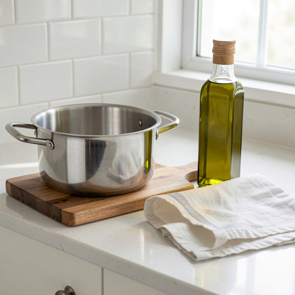 A kitchen counter with a stainless steel pot, a wooden cutti