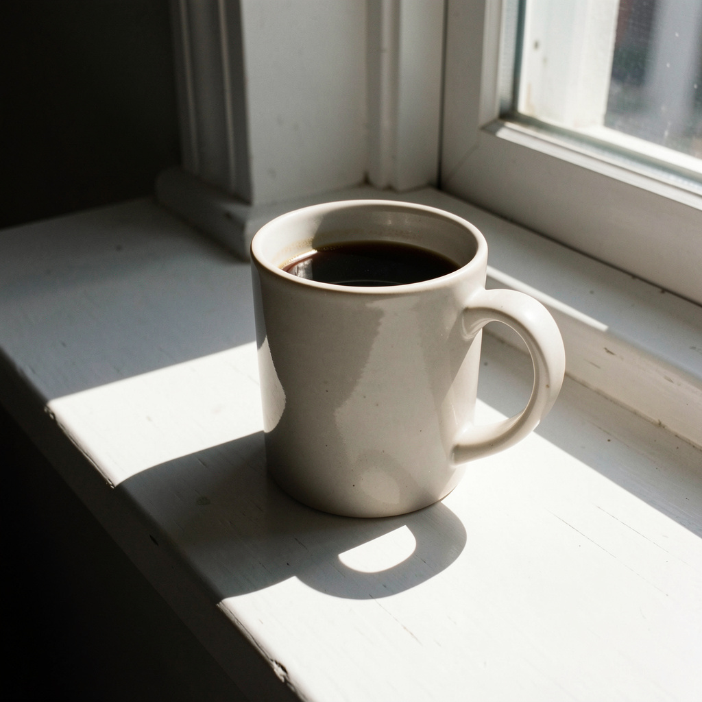 A coffee mug on a sunny windowsill casting a sharp shadow to