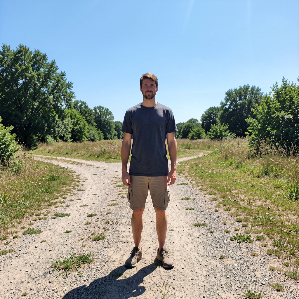 A person standing outdoors at midday with a short shadow dir