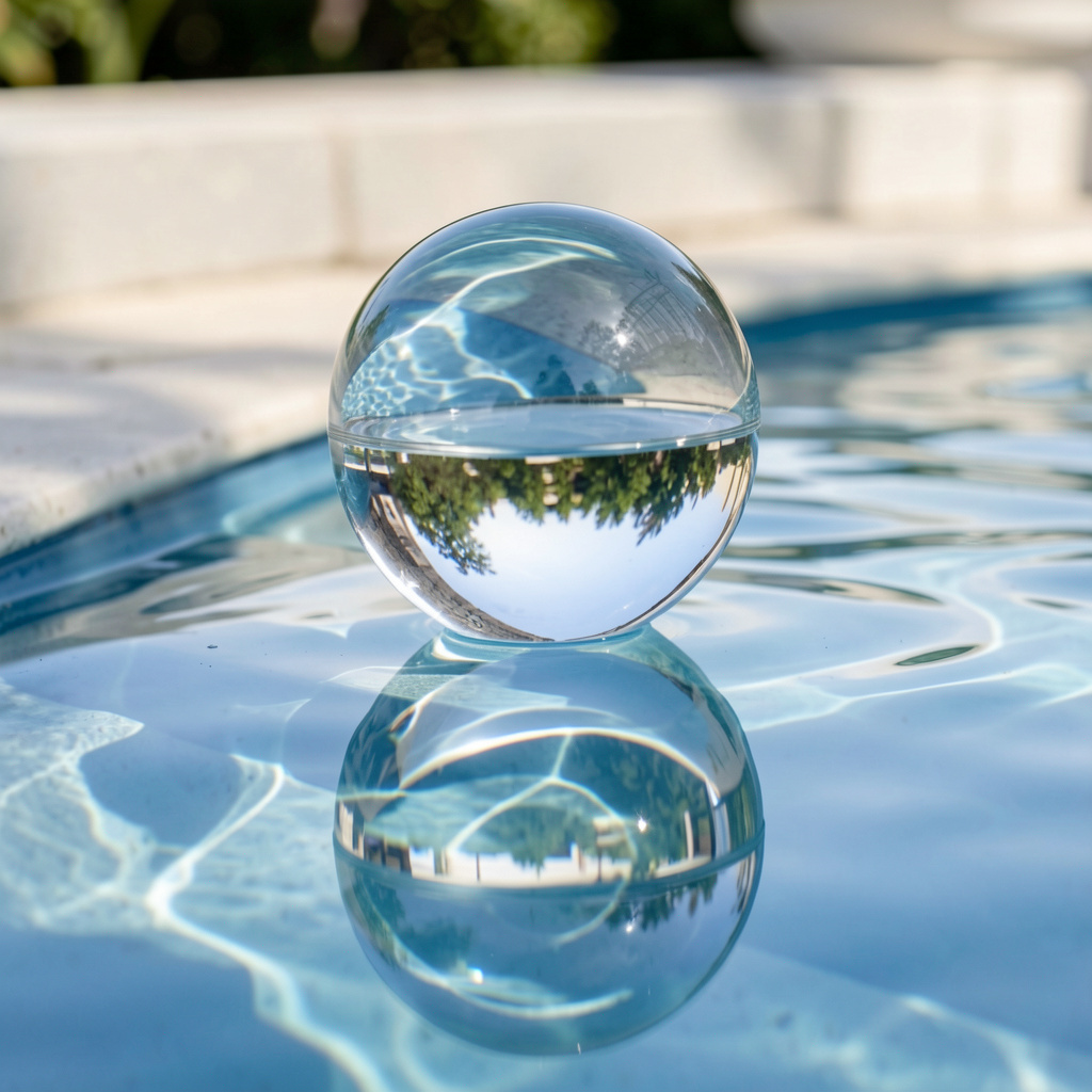 A clear glass sphere sitting on a mirror surface near a pool