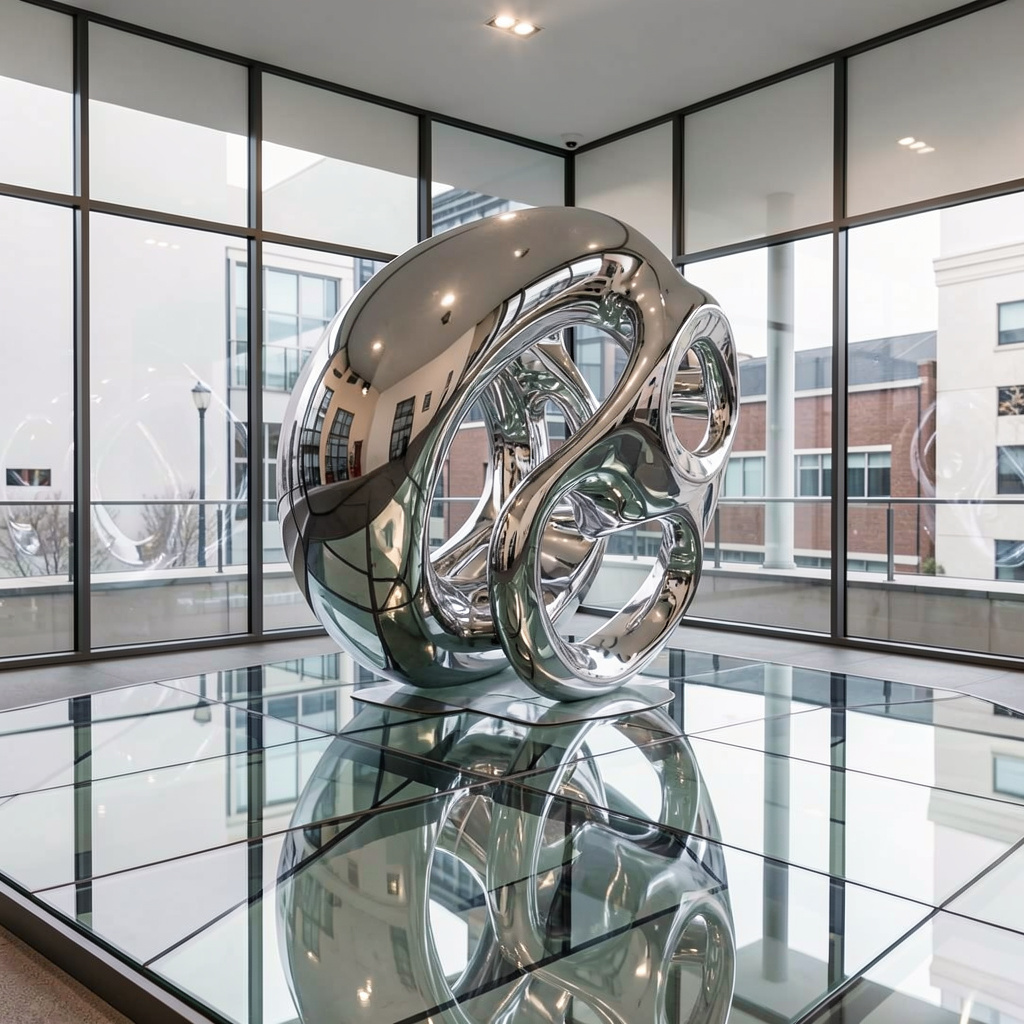 A chrome sculpture in a room with a glass floor and large wi