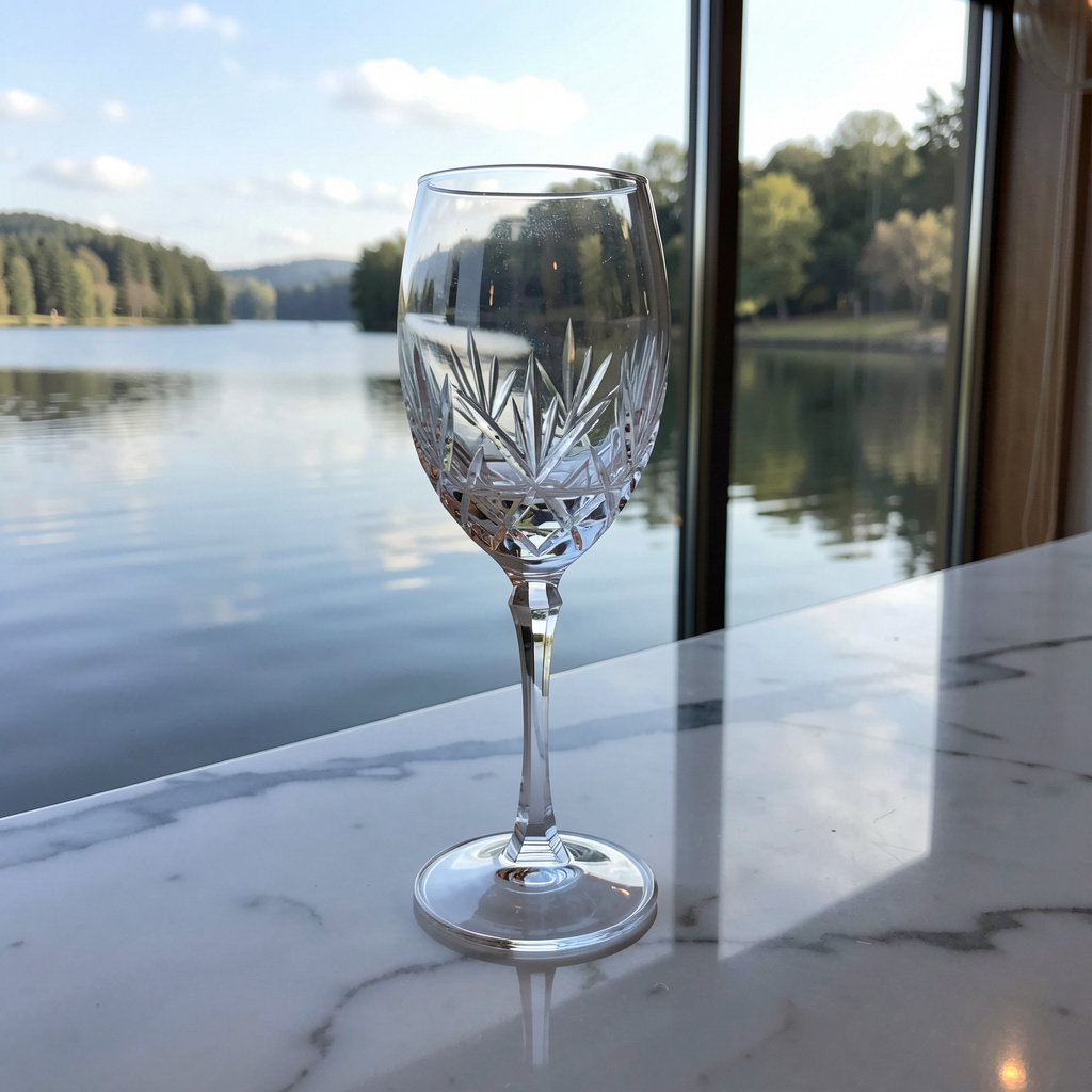 A crystal wine glass on a polished marble counter next to a 