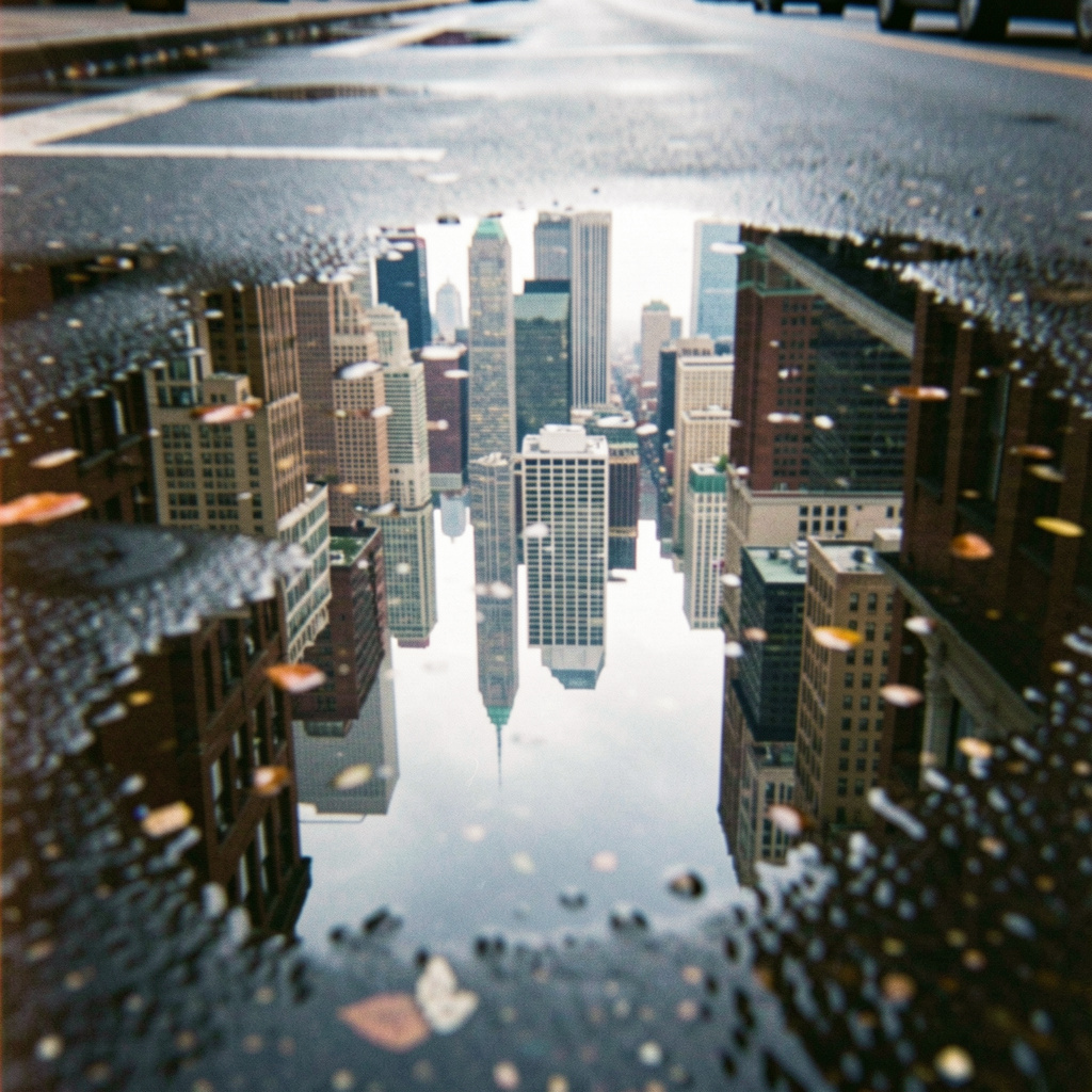 A city skyline reflected in a rain puddle on a street, with 