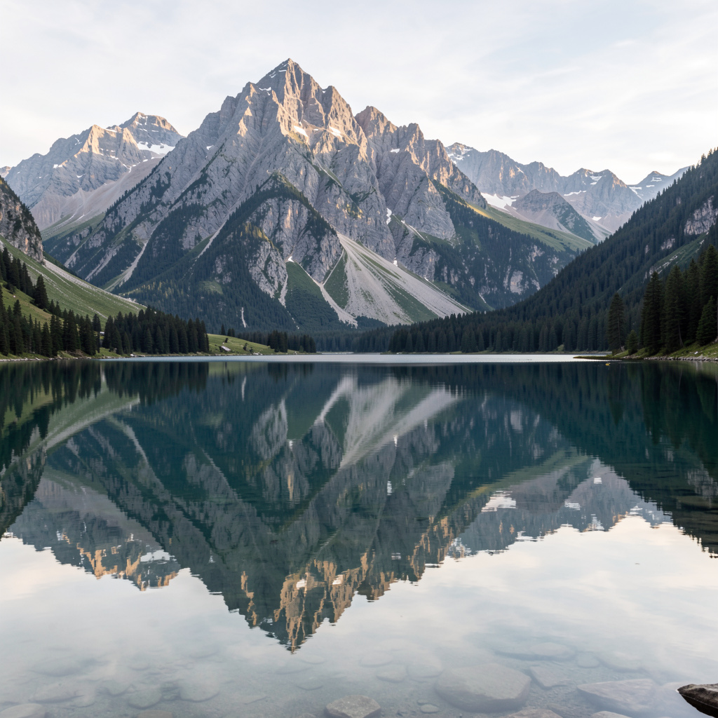 A mountain range reflected in a still alpine lake, with the 