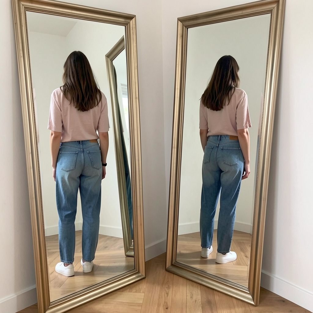 A woman standing in front of a full-length mirror, her refle