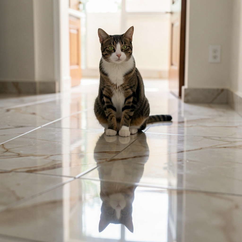 A cat sitting on a polished marble floor with its reflection