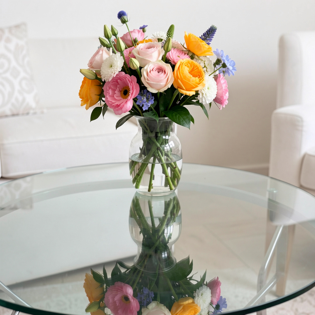 A vase of flowers on a glass table with a clear reflection v