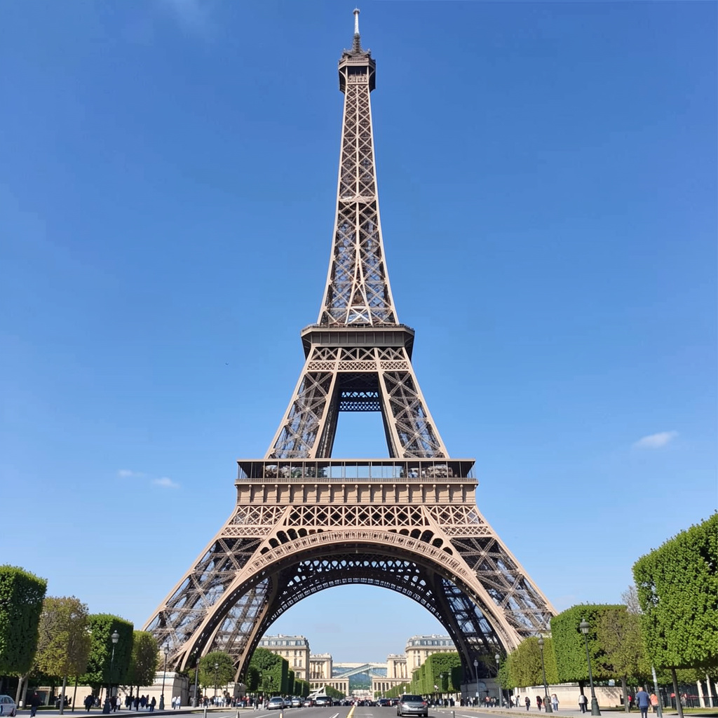 The Eiffel Tower in Paris on a clear day, architecturally ac