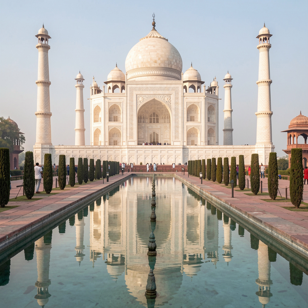 The Taj Mahal in Agra seen from the reflecting pool, with ac
