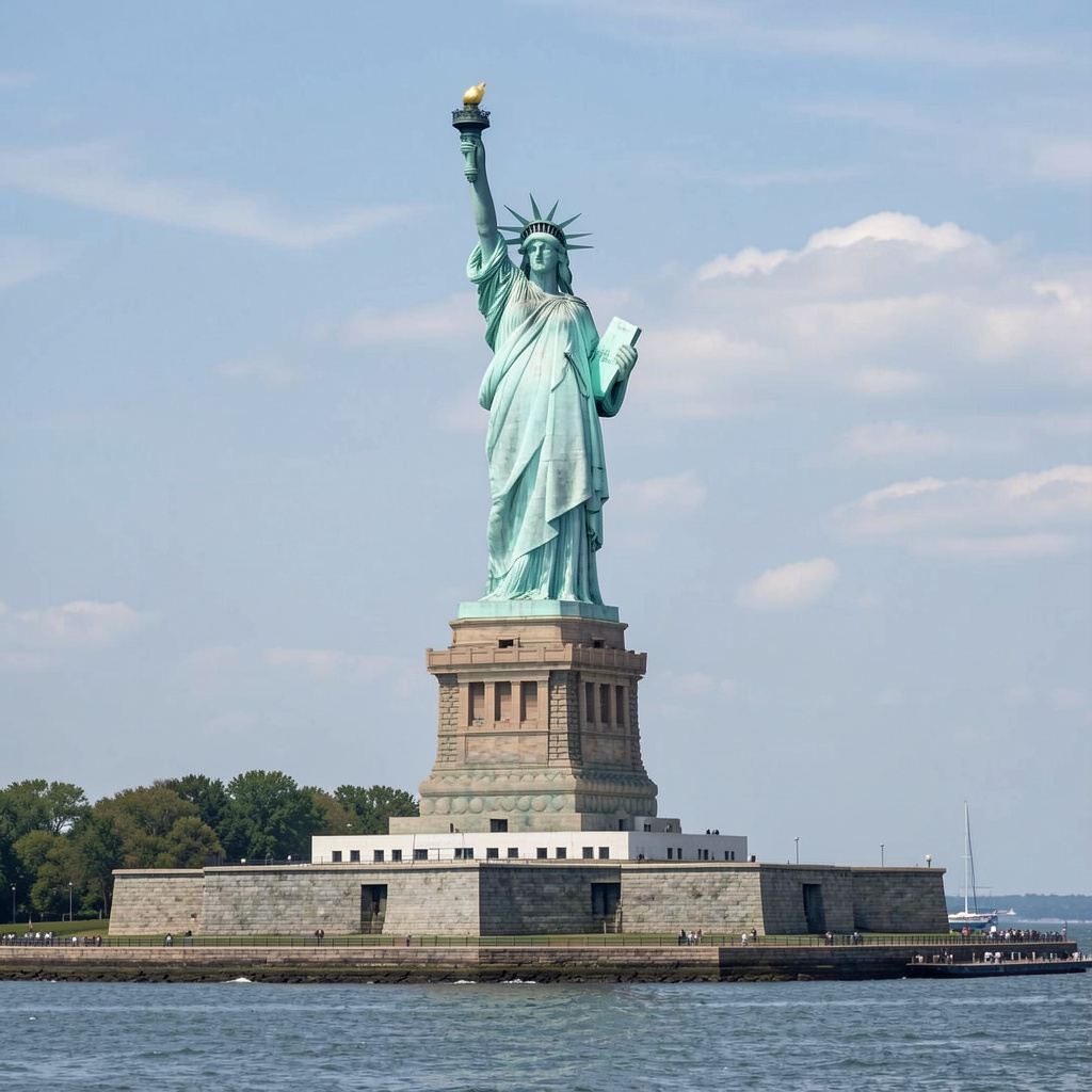 The Statue of Liberty on her island pedestal, with correct t
