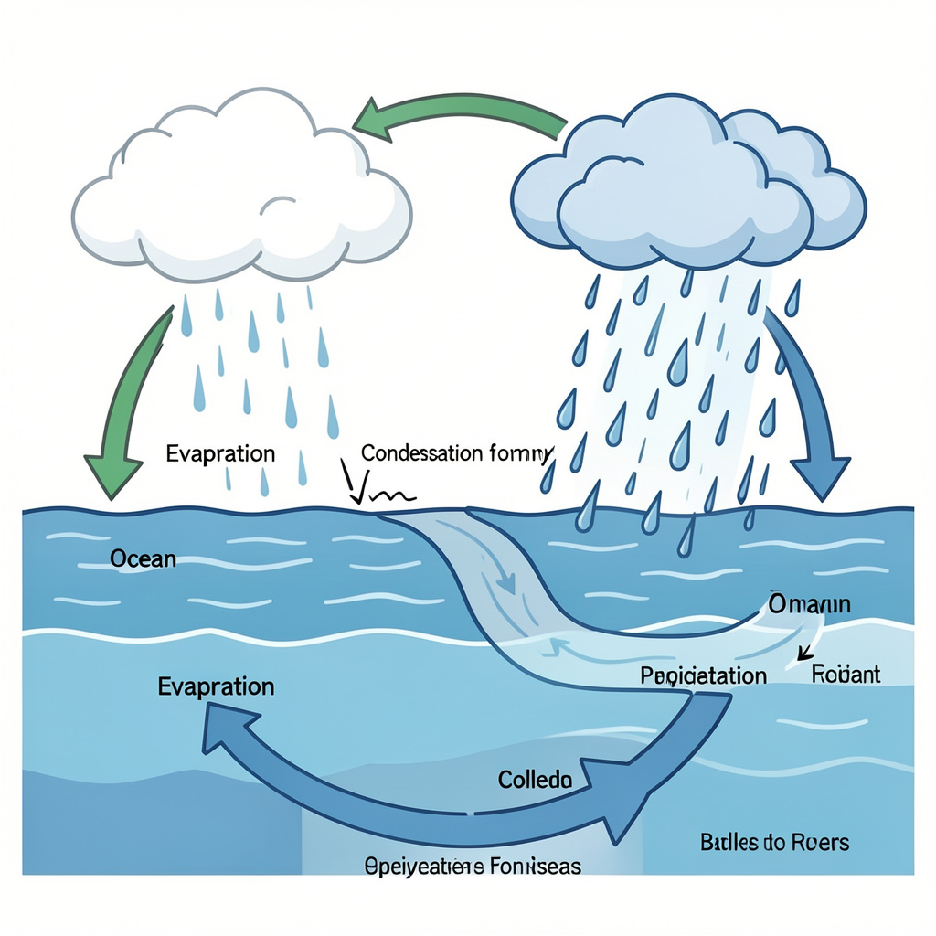 A detailed diagram of the water cycle showing evaporation fr