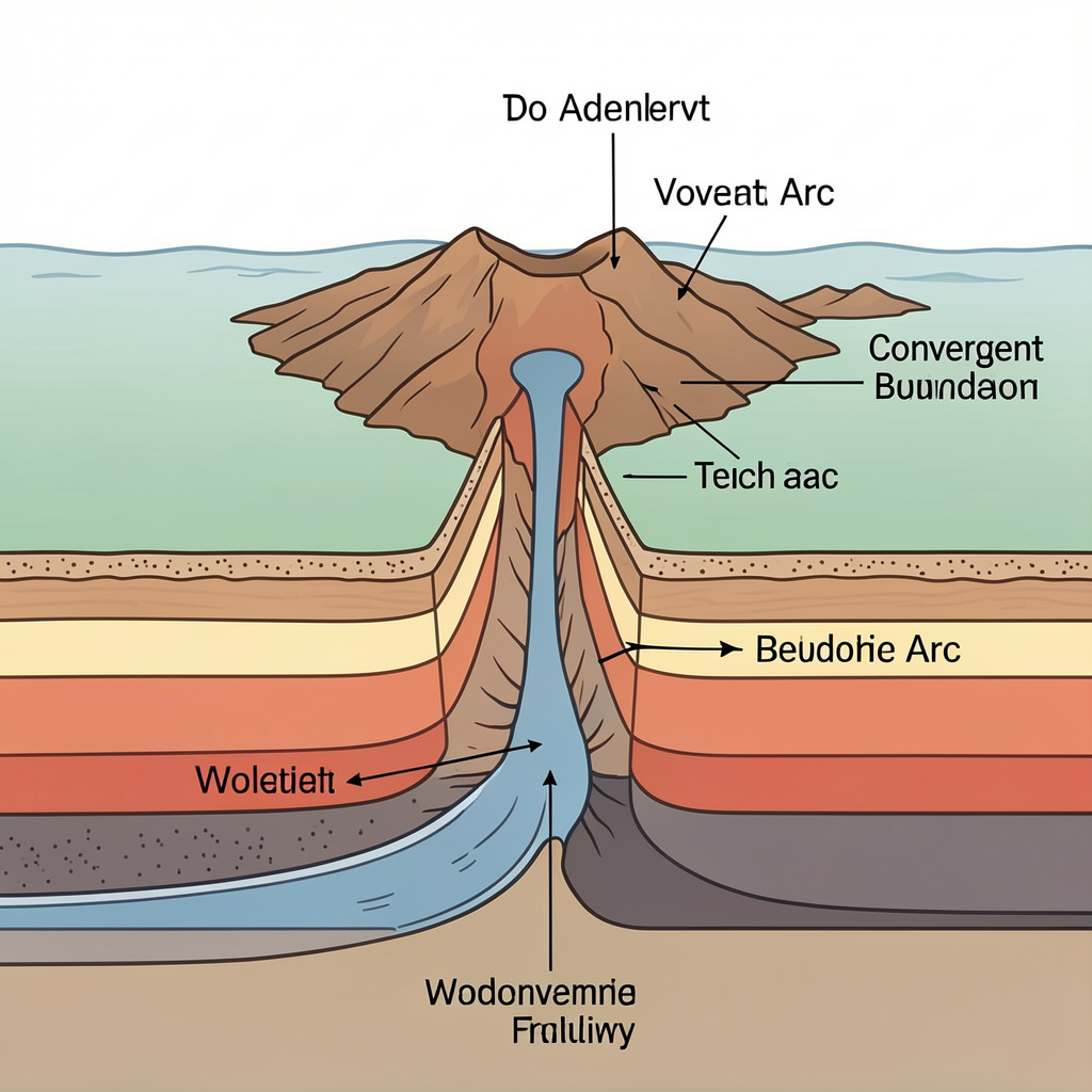 A cross-section showing tectonic plates at a convergent boun