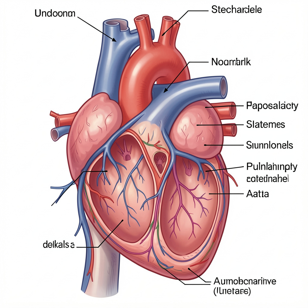 An anatomical illustration of the human heart showing four c