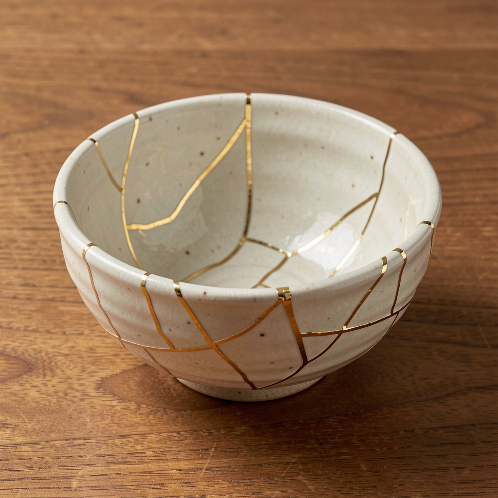 A Japanese kintsugi bowl — cracked ceramic repaired with vis