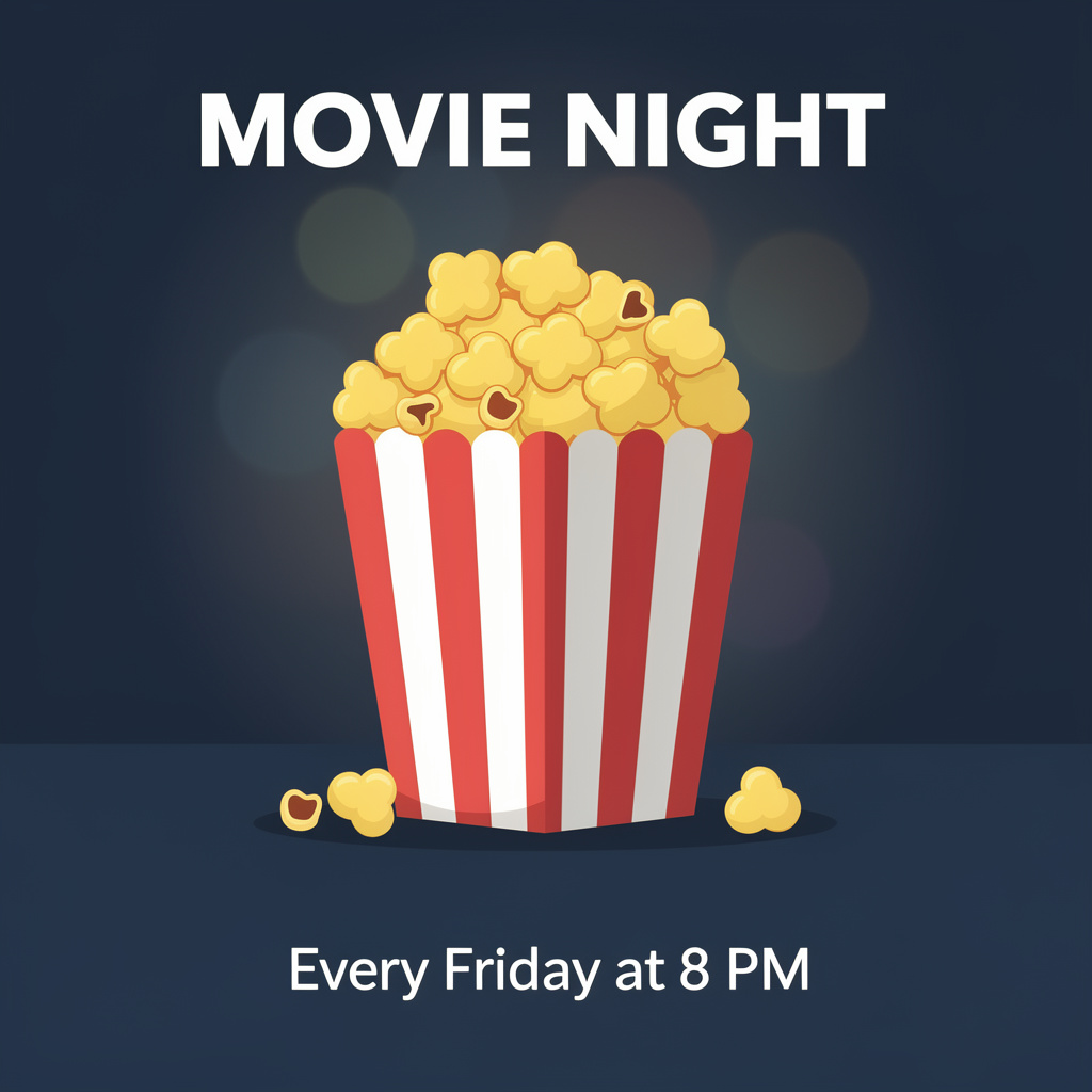 A movie night poster with a large popcorn image in the cente