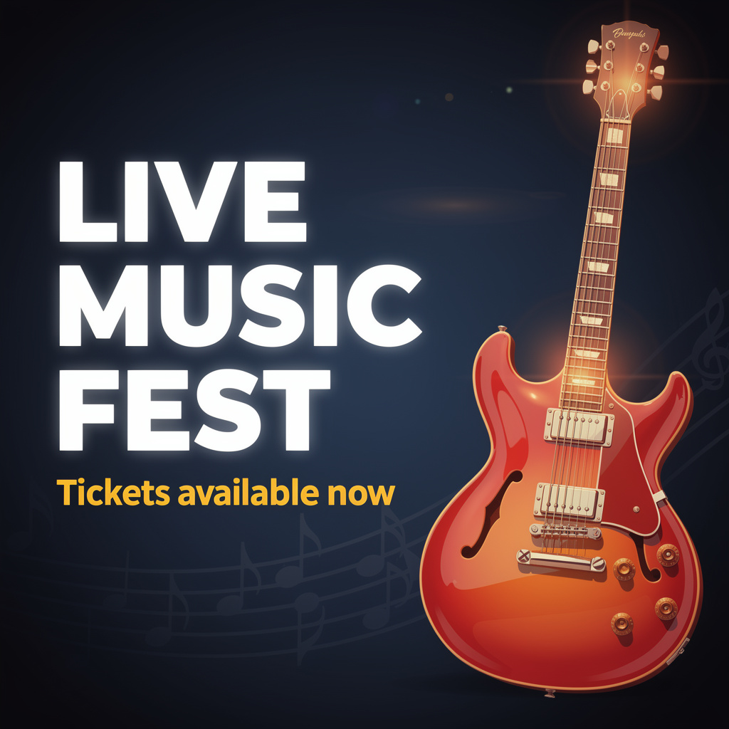 An event poster featuring a guitar illustration, the headlin