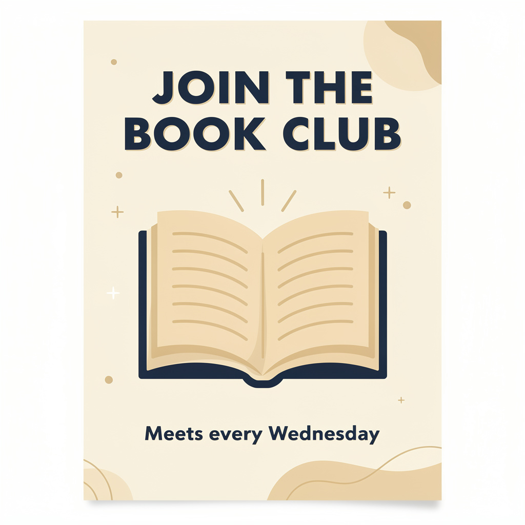 A book club poster with an open book illustration, the title