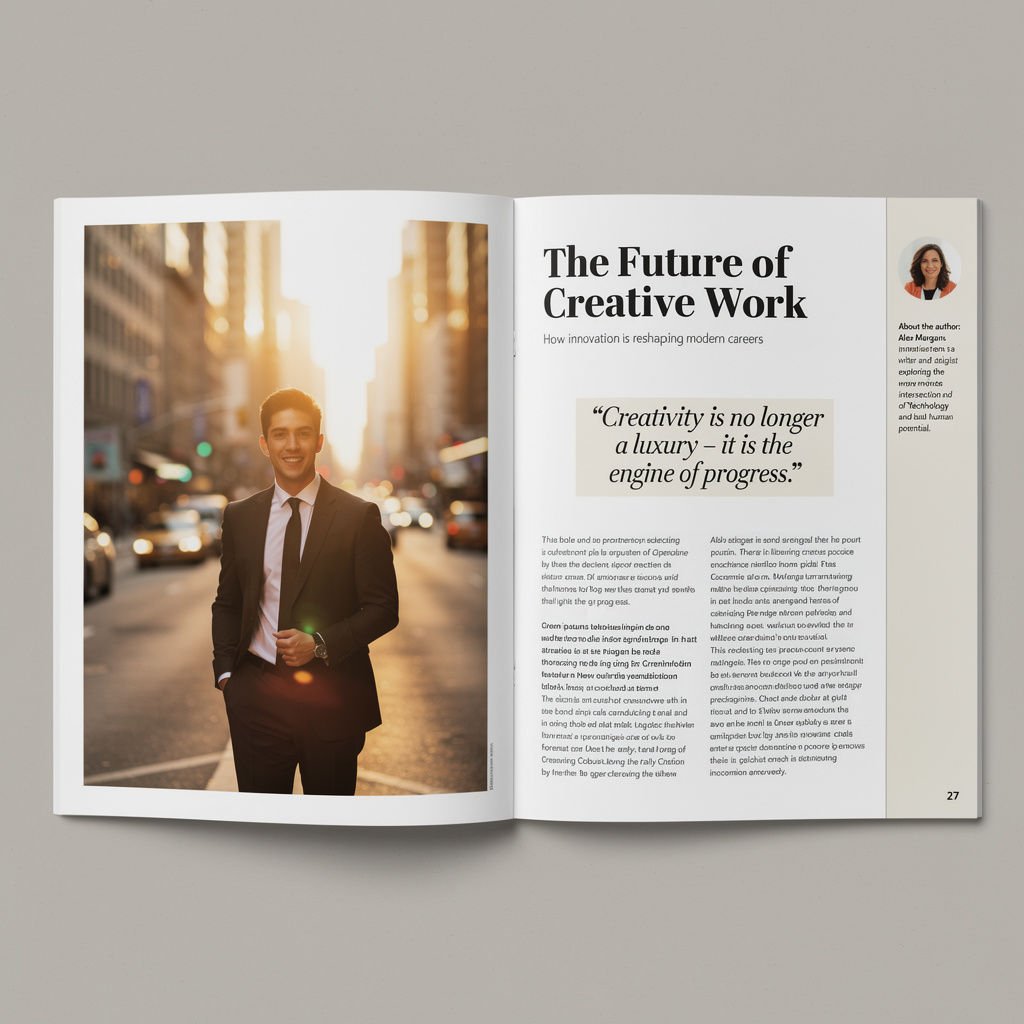 A magazine double-page spread with a left page containing a 