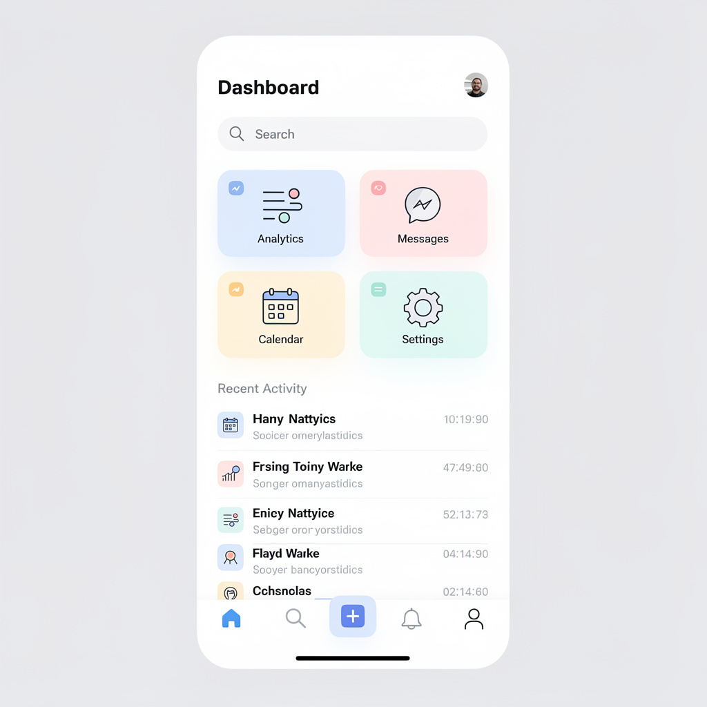 A mobile app UI mockup showing a dashboard with a top naviga