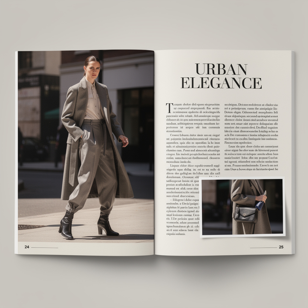 A fashion magazine spread with a full-bleed left-page photo,