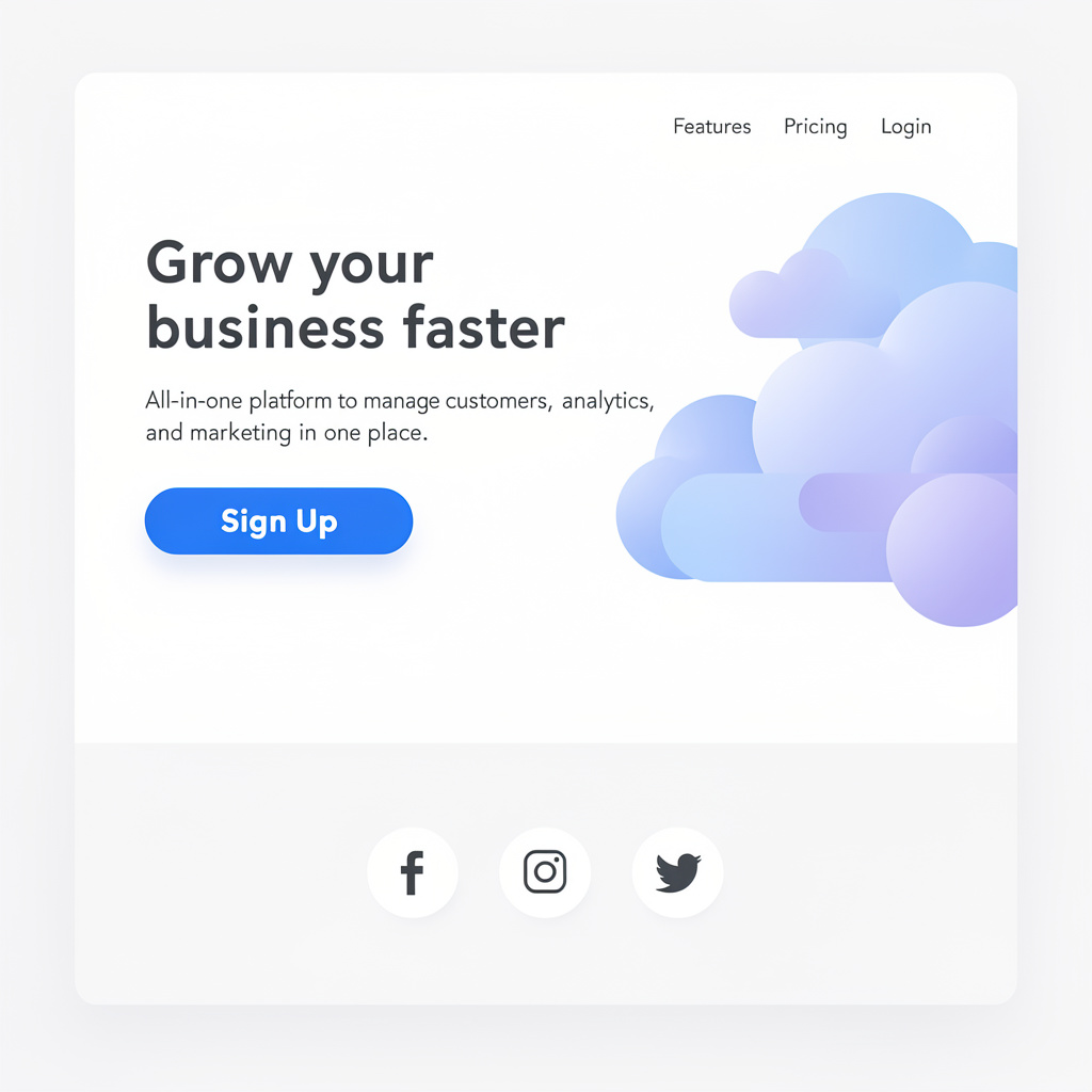 A landing page design with a hero header image at the top, a