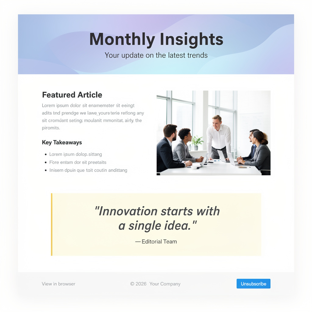 A newsletter layout with a banner image header, a two-column