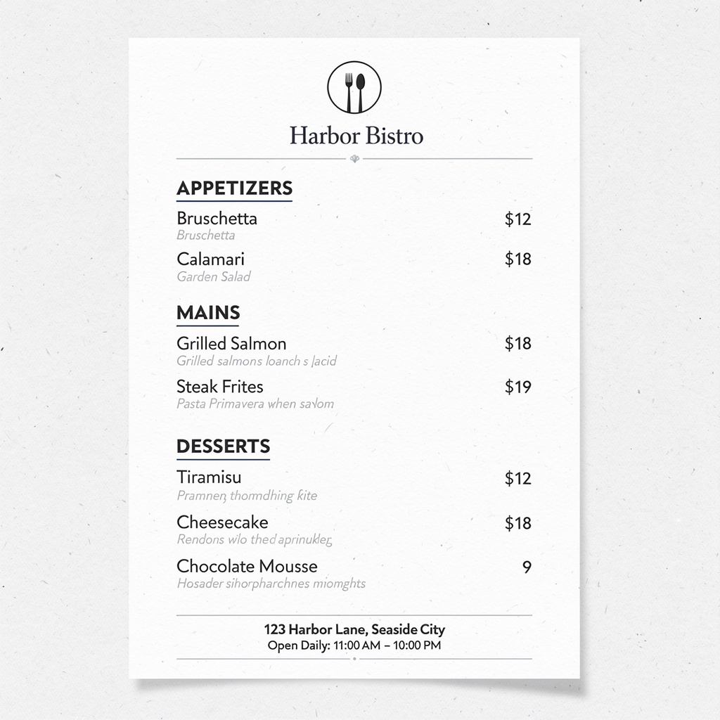 A restaurant menu layout with a logo header, three category 