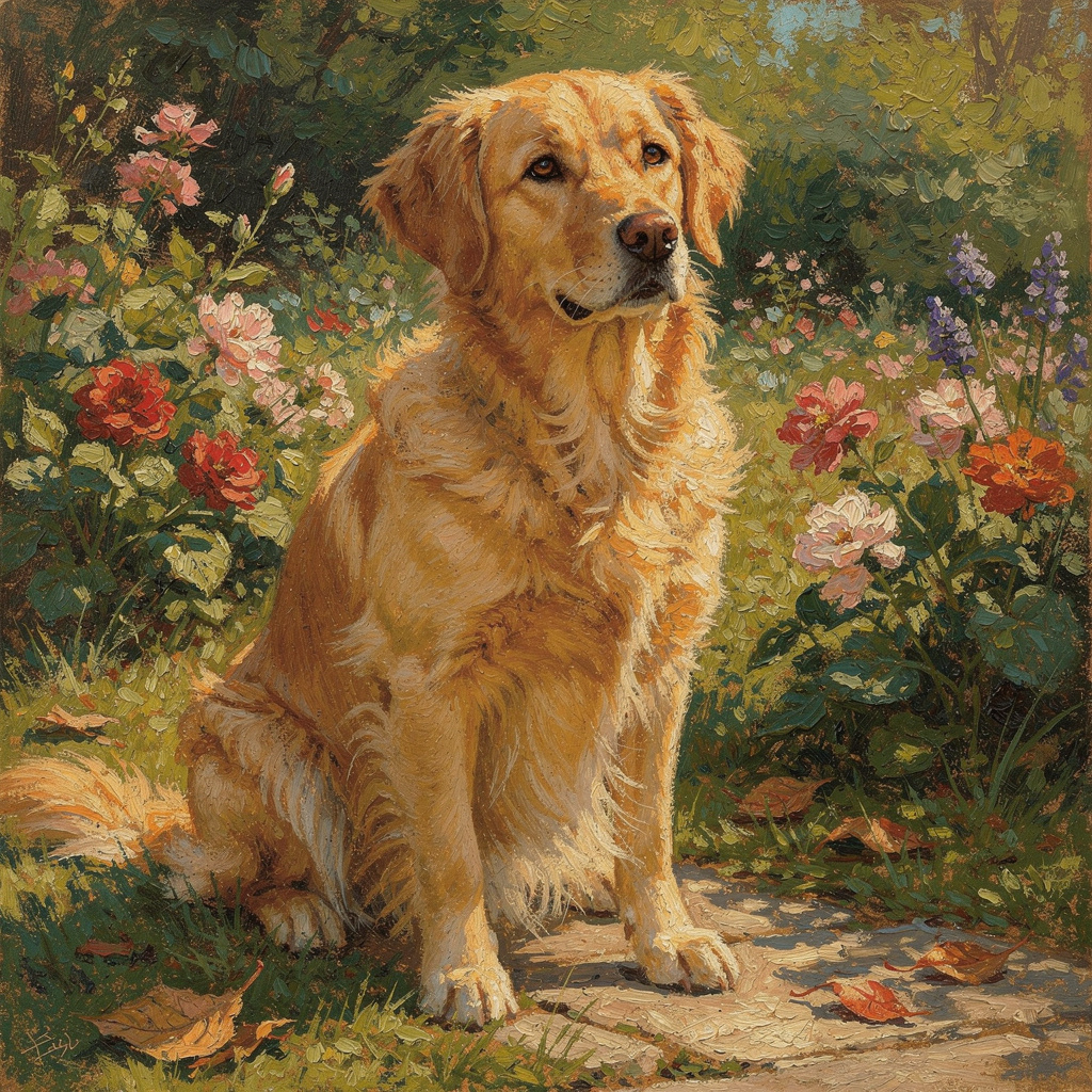 A golden retriever sitting in a garden, painted in the style