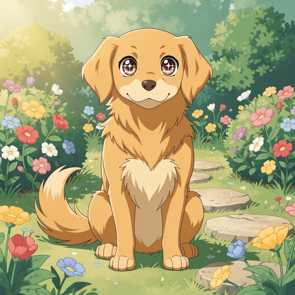A golden retriever sitting in a garden, rendered in Japanese