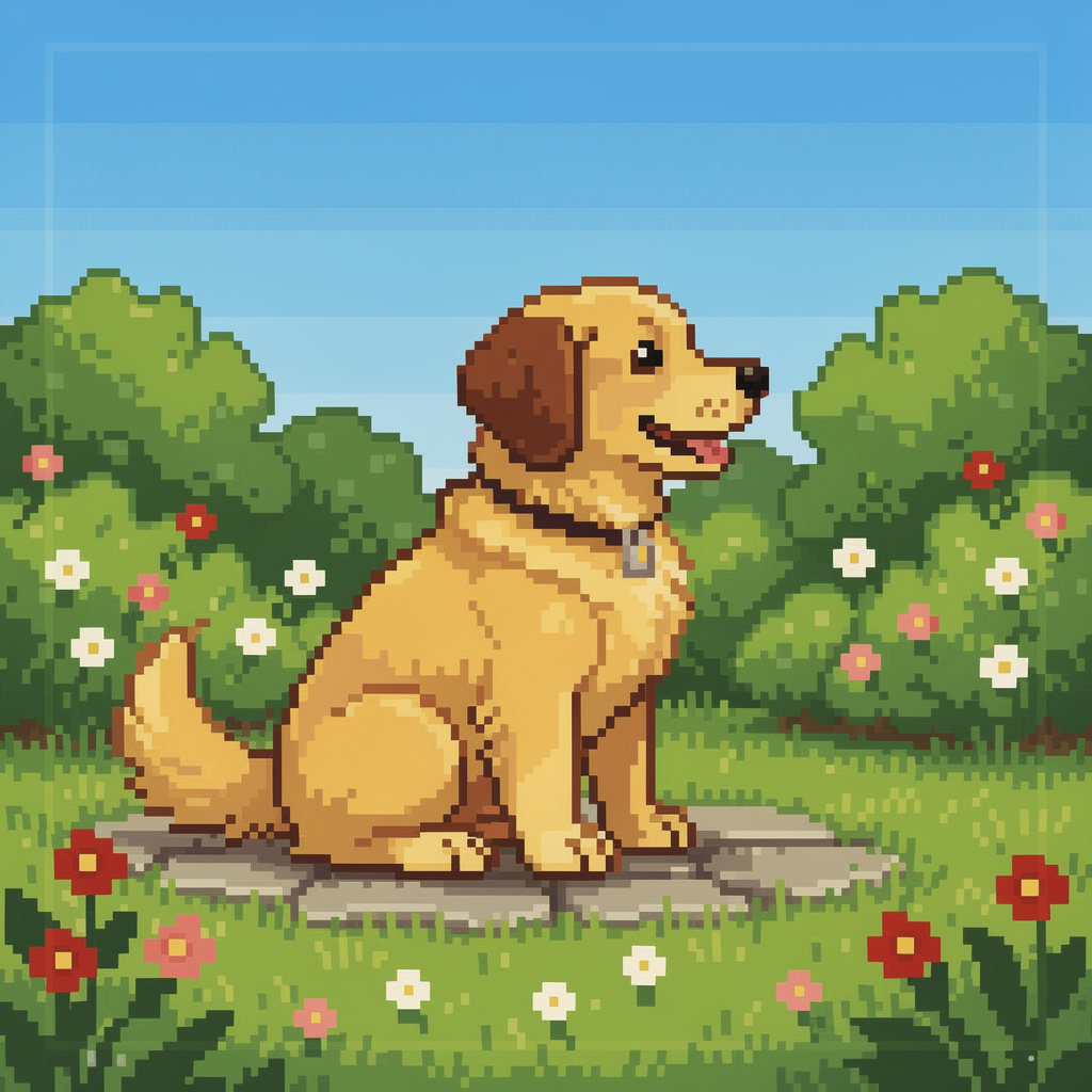 A golden retriever sitting in a garden, rendered in pixel ar